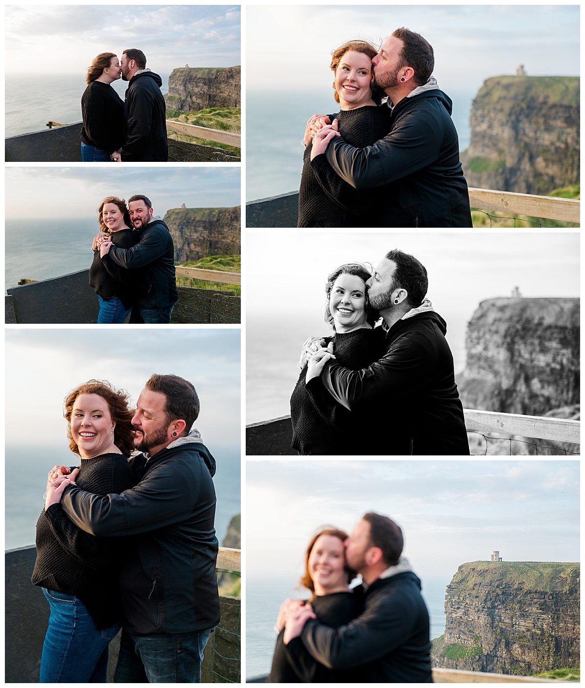 Couple cuddles and snuggles in front of O'Brien's Tower on the Cliffs of Moher