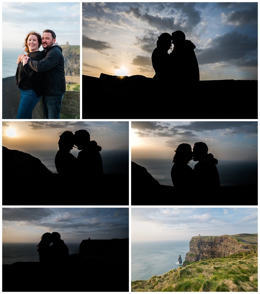 Silhouette photos of the couple, forehead to forehead.