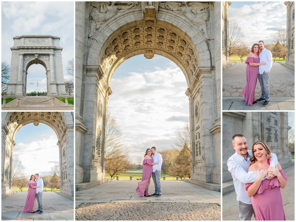 collage of Valley Forge engagement photos featuring the arch