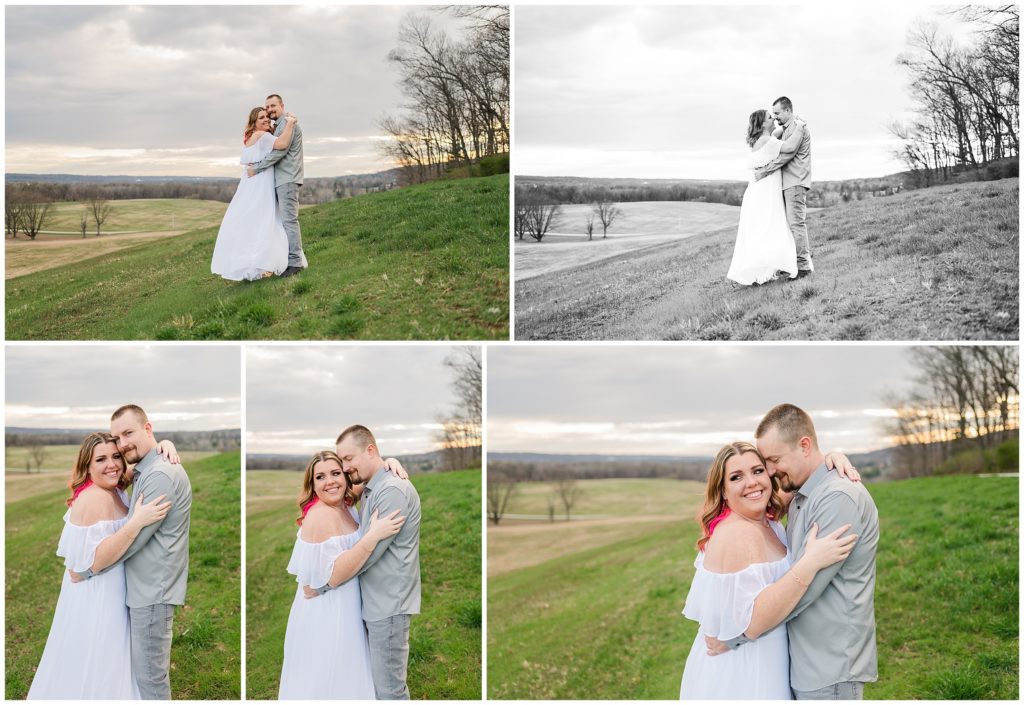 collage of Valley Forge engagement photos with couple in hugging in a field